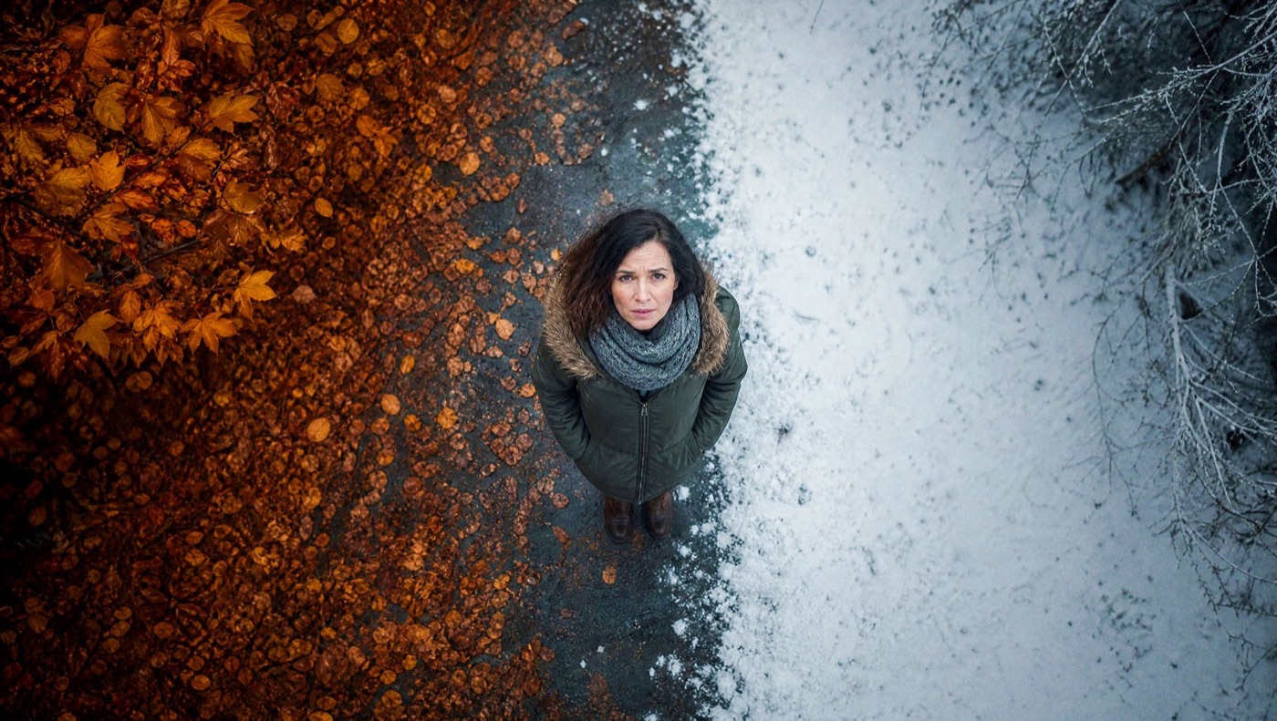 Woman in a winter coat and scarf standing between autumn leaves and snow, seen from above