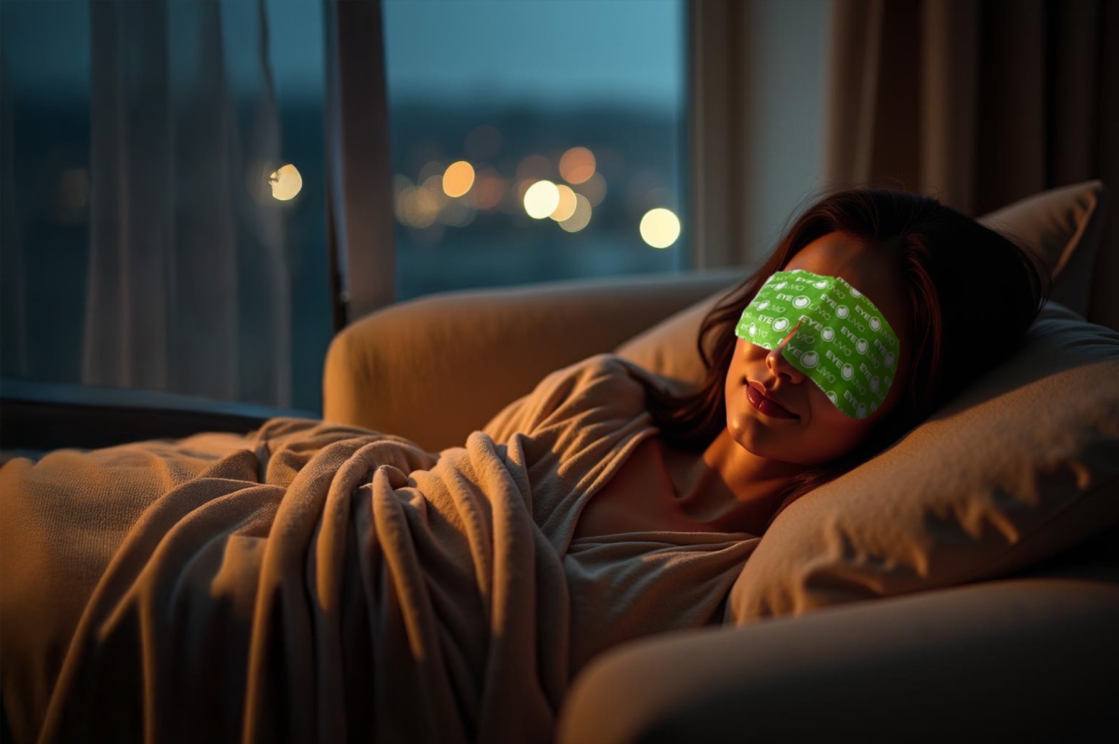 Woman resting at night with a self-warming mask
