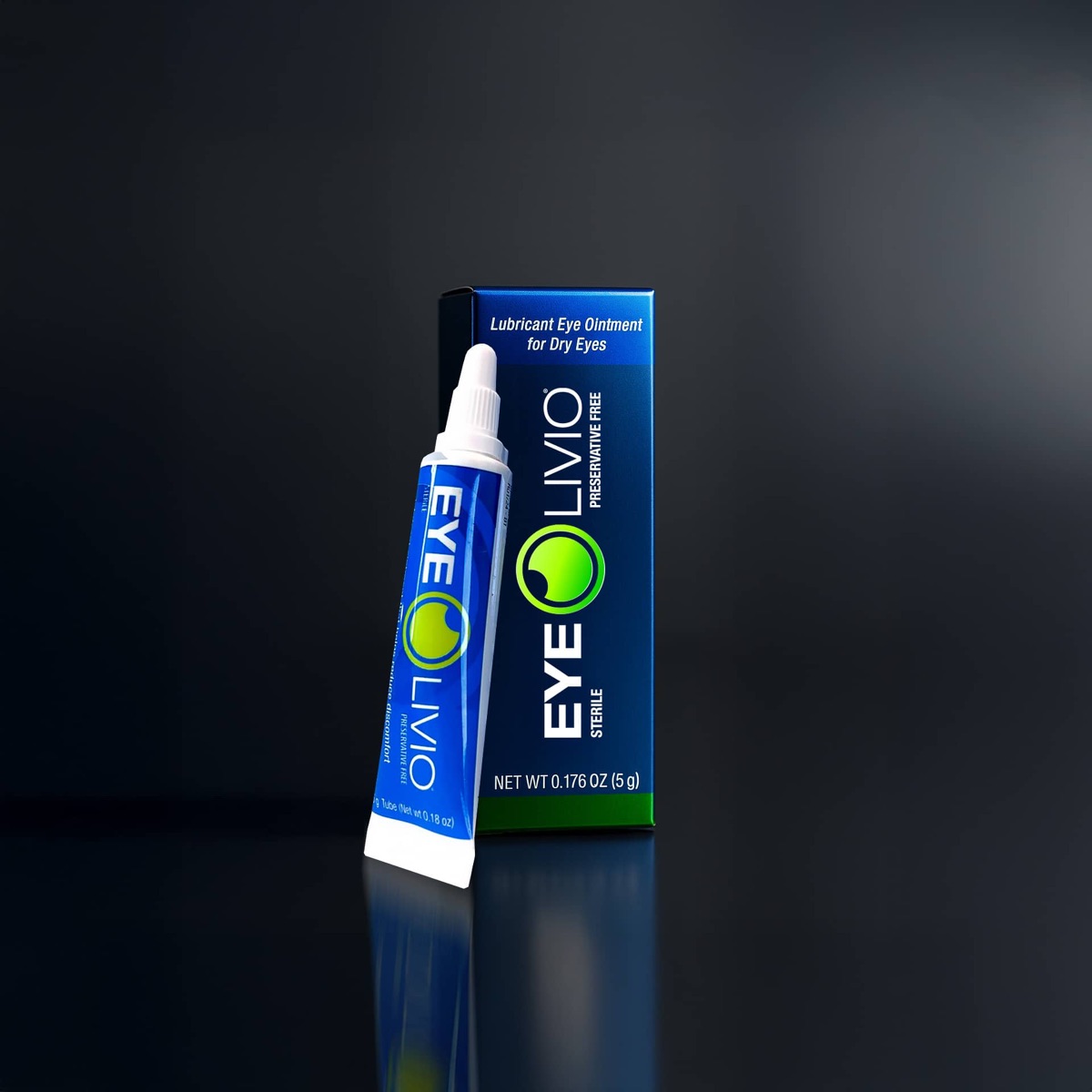 EYELIVIO ointment tube and box on a dark background