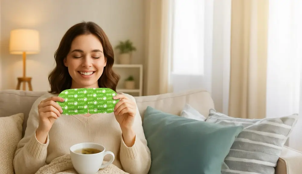 Woman at home holding an EYELIVIO self-warming eye mask