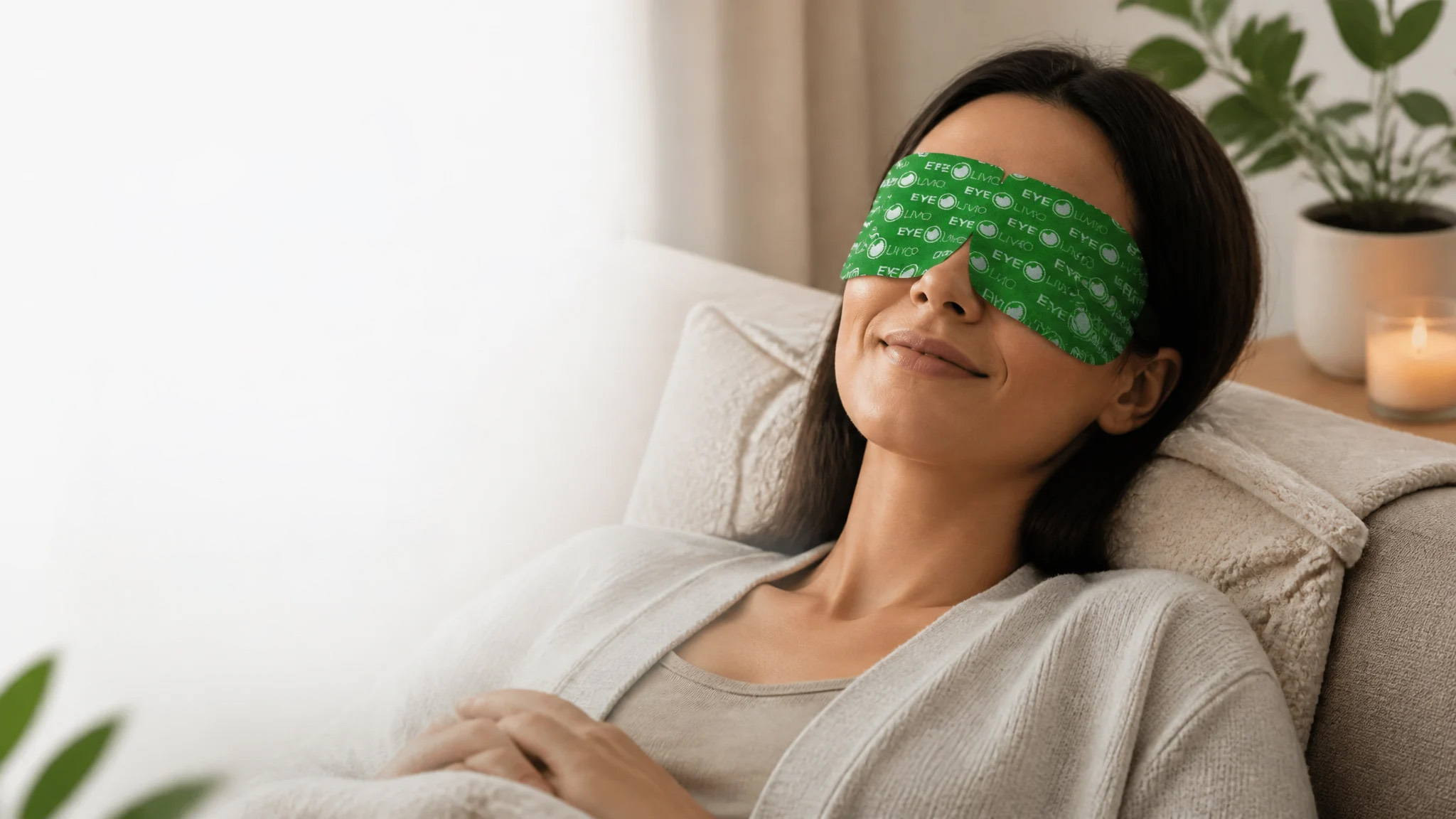 Woman relaxing with a self-warming mask over closed eyes
