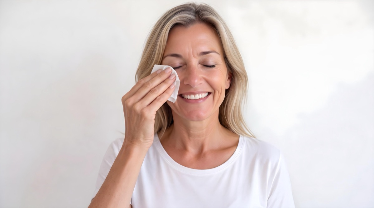 Woman cleansing her eyelids with a LidWipe